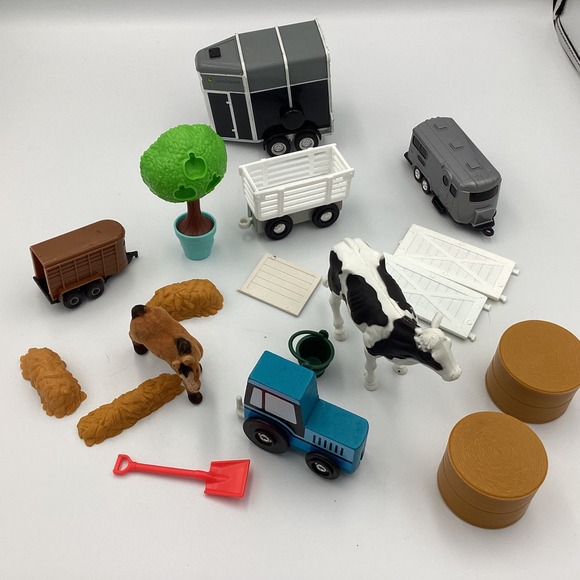 John Deere Other - Farm Toy Set Mixed Lot Tractor Trailer Cow Horse Hay Bales Fencing Accessories